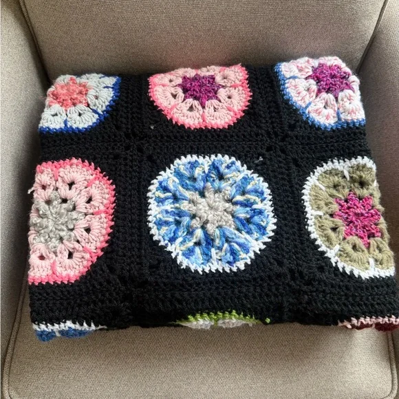 Colorful Crochet Blanket with Black Base